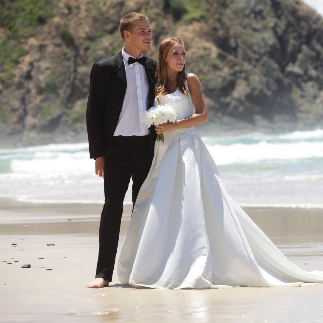 Bride and groom after their beach wedding